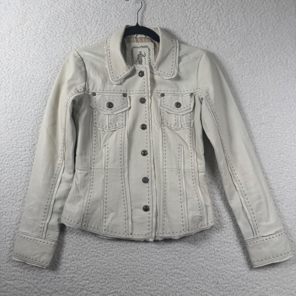 My Tribe Cream Leather Jacket Pick Stitch Raw Edge Moto Western Boho Trucker S